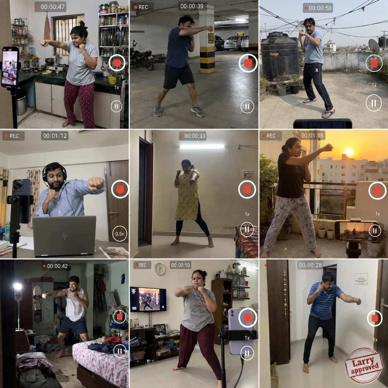 Grid of community members doing shadow boxing at home — messy, badly lit, gloriously imperfect. Larry approved.