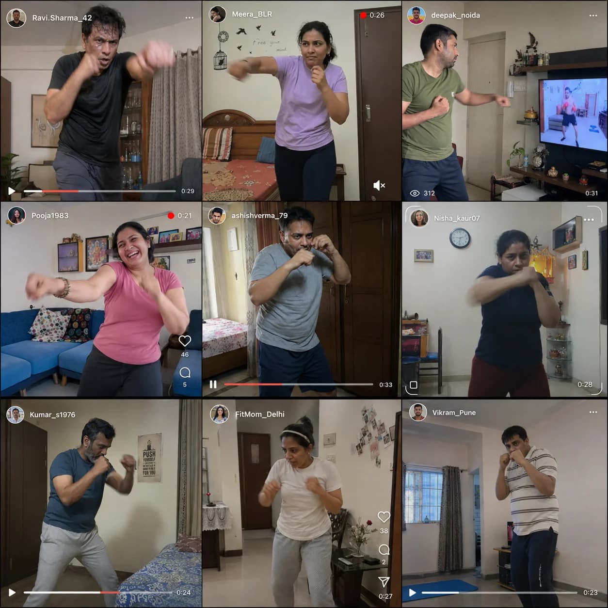 Grid of community attempt videos — real people, real living rooms, real bad form, real names visible