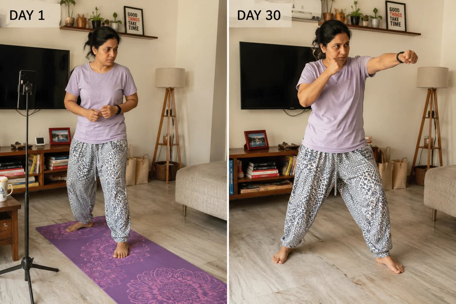 Side-by-side: Day 1 stance vs Day 30 combination — same person, same living room, different body