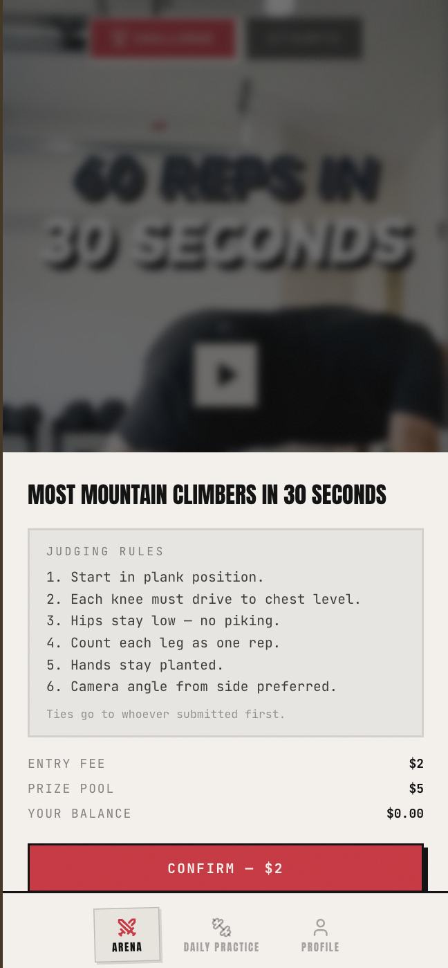 Judging rules — start in plank, each knee must drive to chest