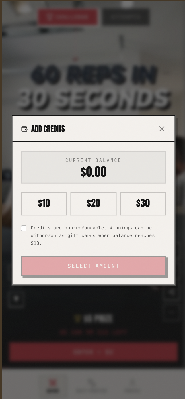 Add credits — $10, $20, $30 wallet top-up