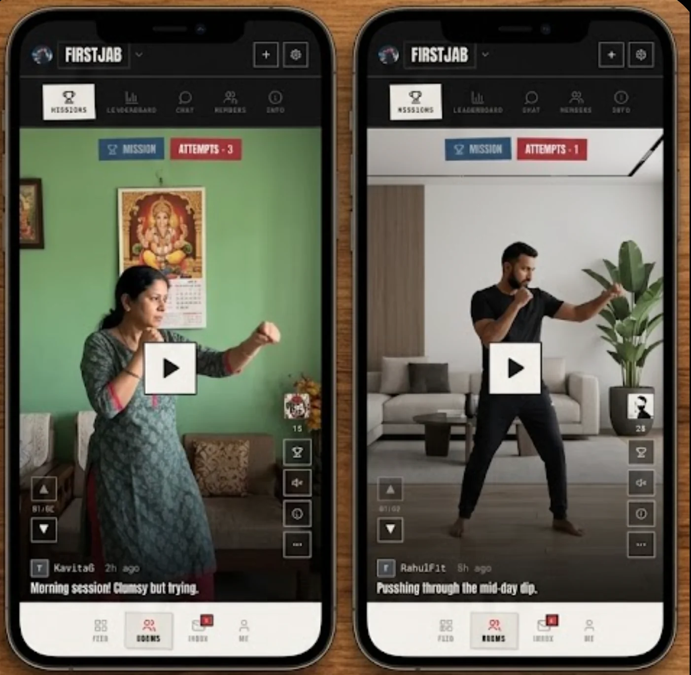 First Jab community feed showing members' shadow boxing attempt videos from different living rooms across India