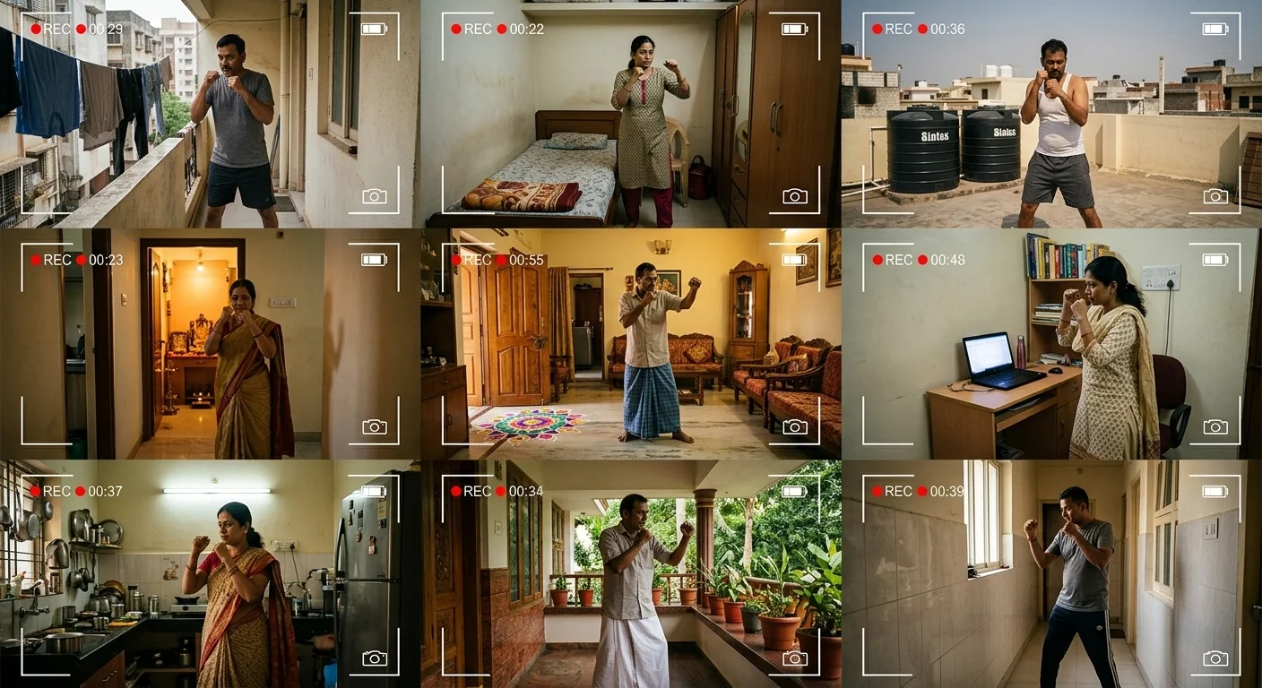 Grid of 9 community members training at home — balconies, bedrooms, kitchens, terraces across India