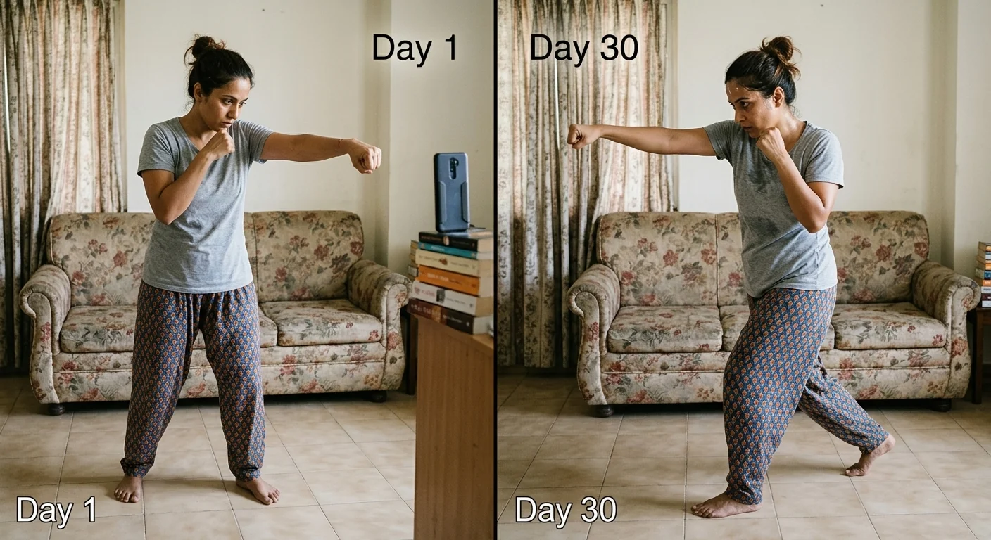 Side-by-side: Day 1 tentative jab vs Day 30 sharp combination — same woman, same living room