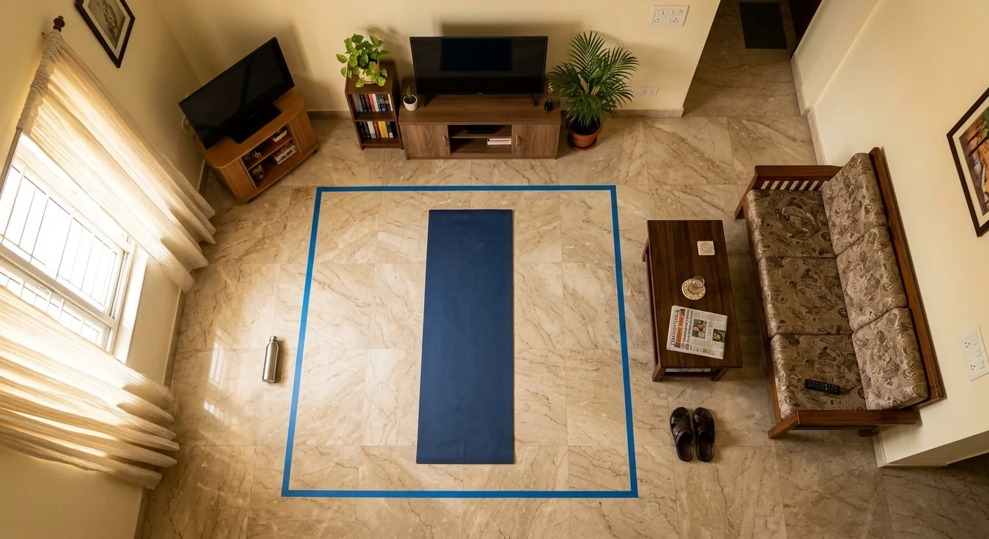 Bird's eye view of a 6x6 foot floor space marked out with tape in an Indian living room — coffee table pushed aside