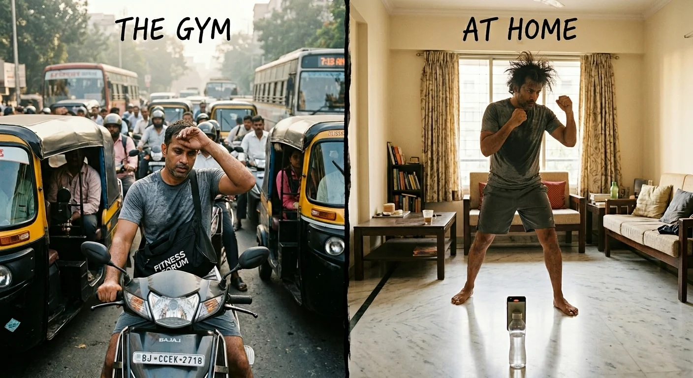 Split screen: fighting traffic on a scooter to get to the gym vs shadow boxing at home in your living room