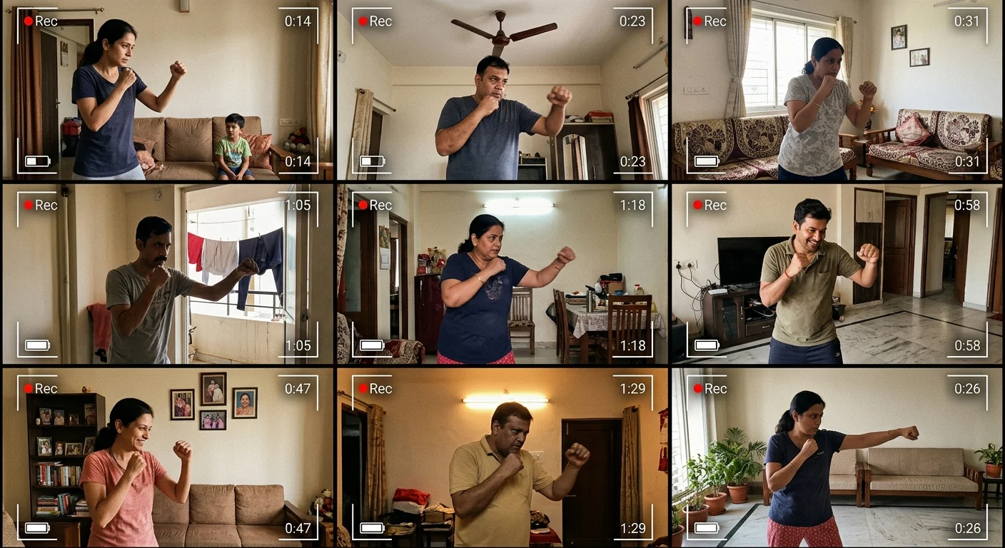 Grid of 9 community members filming shadow boxing attempts in their living rooms across India