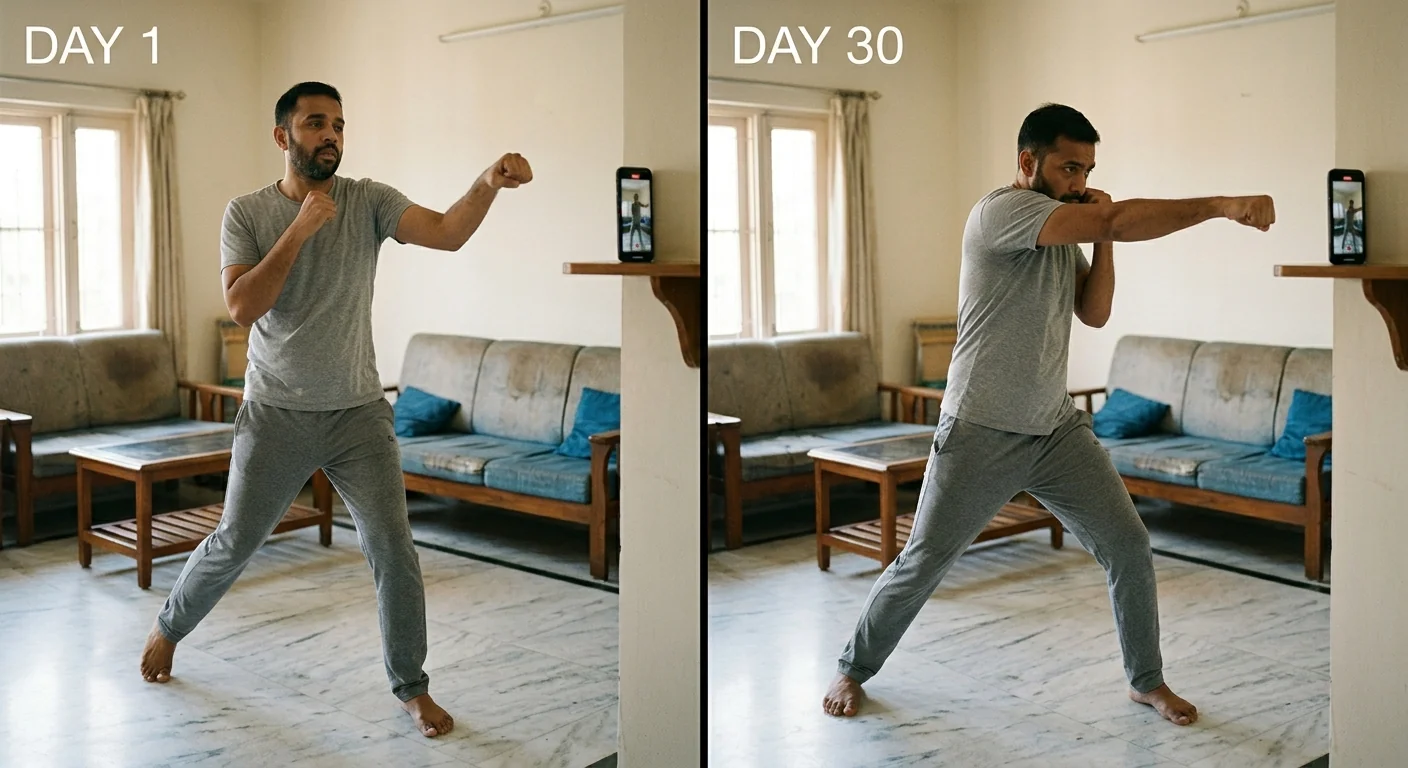 Side-by-side comparison: Day 1 awkward jab vs Day 30 sharp combination — same person, same living room