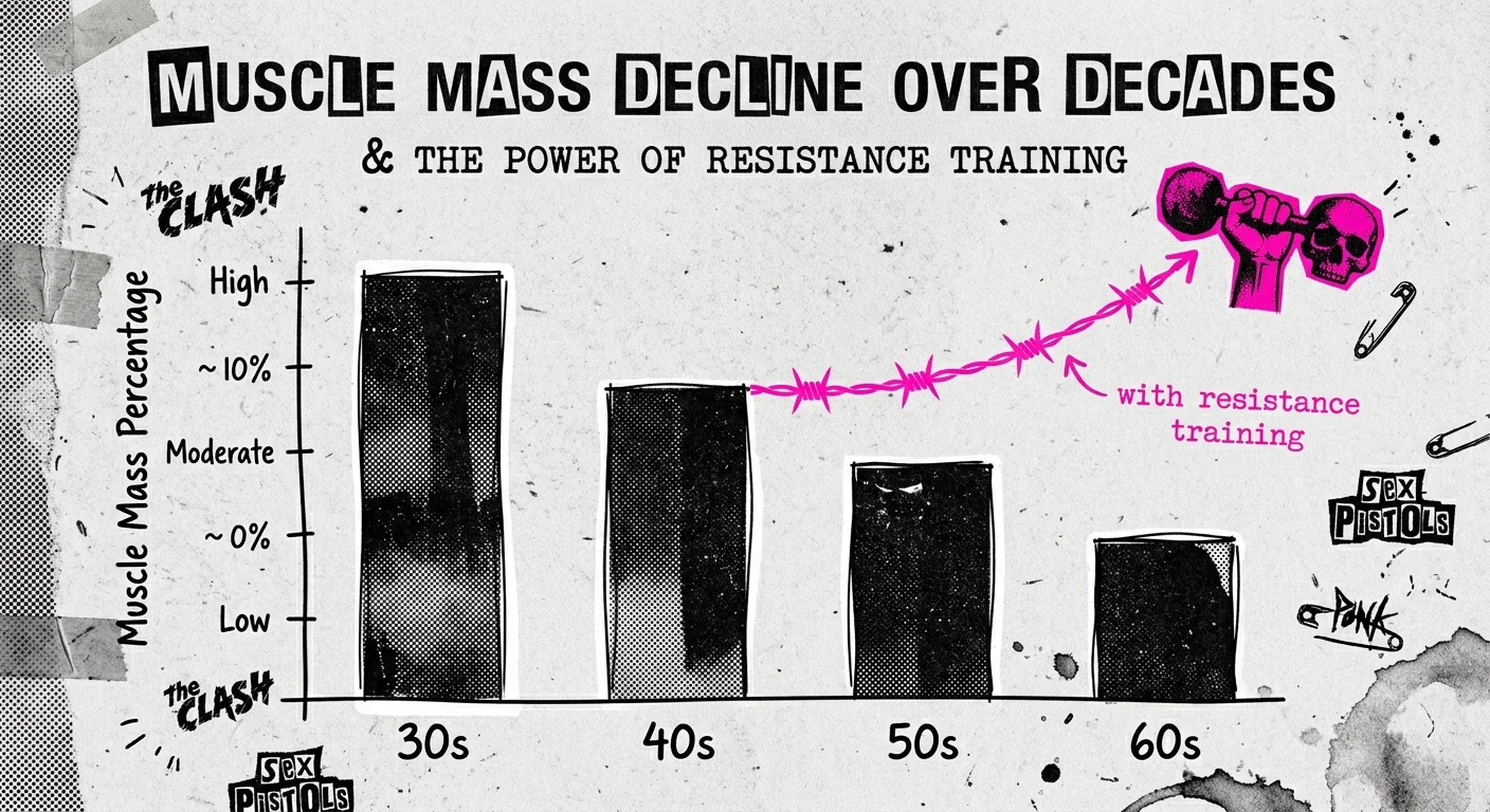 Infographic showing muscle mass decline over decades — 30s, 40s, 50s, 60s — and the impact of resistance training