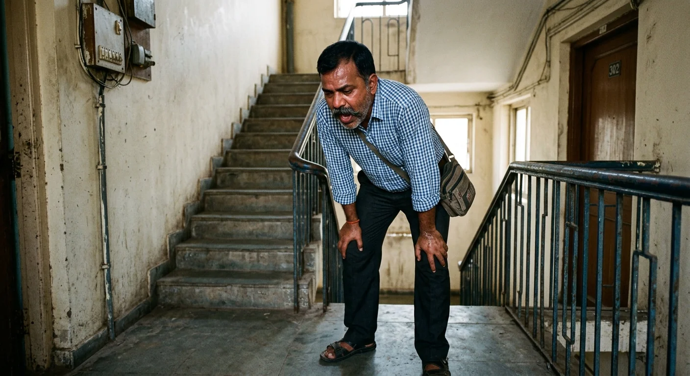A 40-year-old Indian man catching his breath after climbing stairs in an apartment stairwell