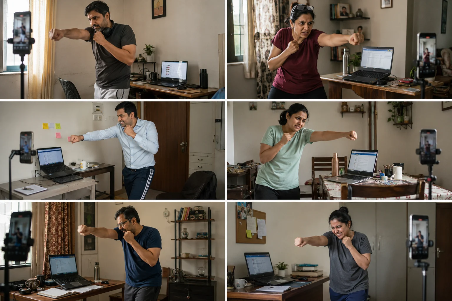 Grid of 6 desk workers doing shadow boxing in their home offices — laptops visible in background
