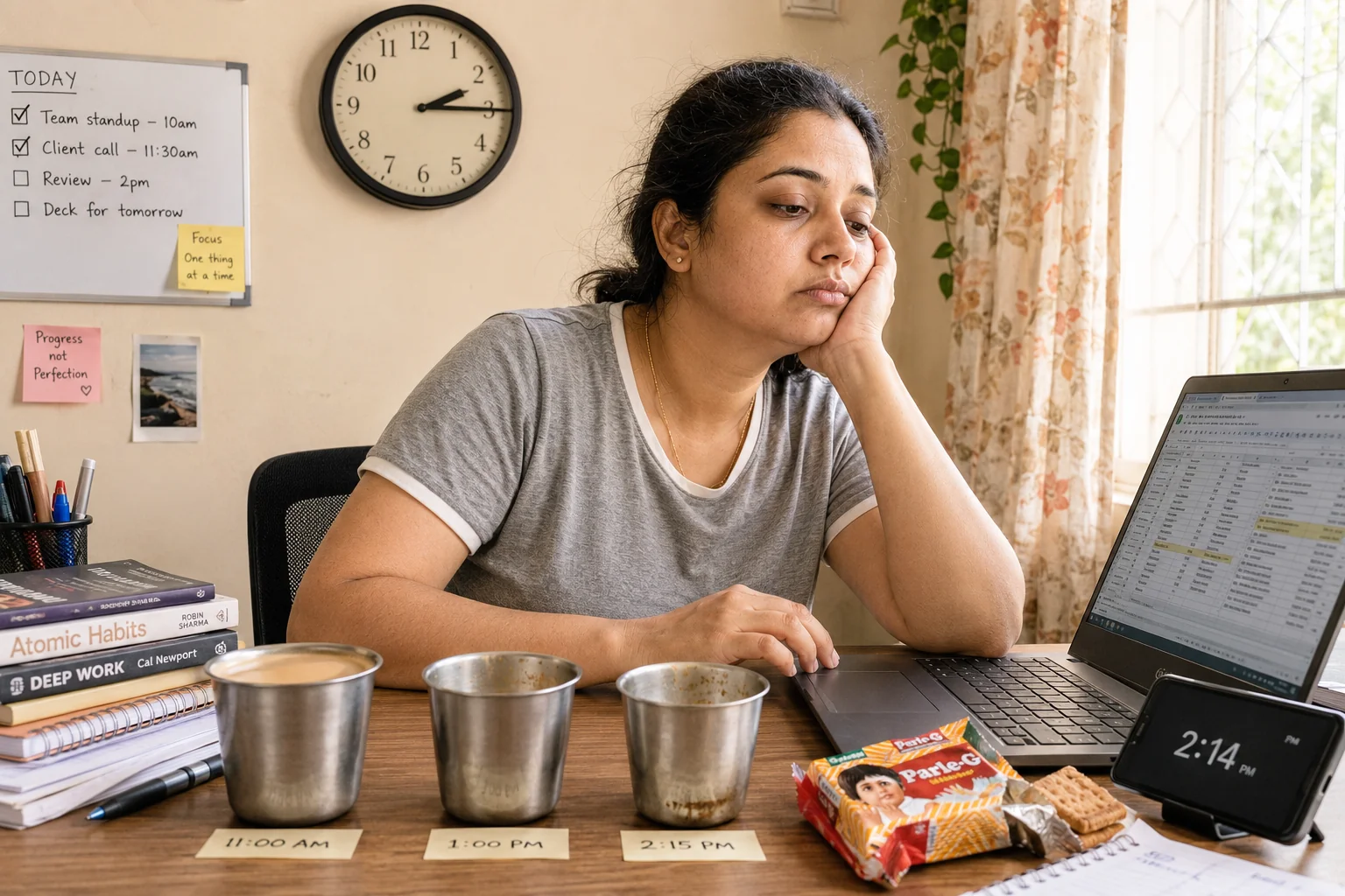 Indian woman slumped at her WFH desk at 2:14pm — three chai cups lined up, Parle-G packet, fighting to stay awake