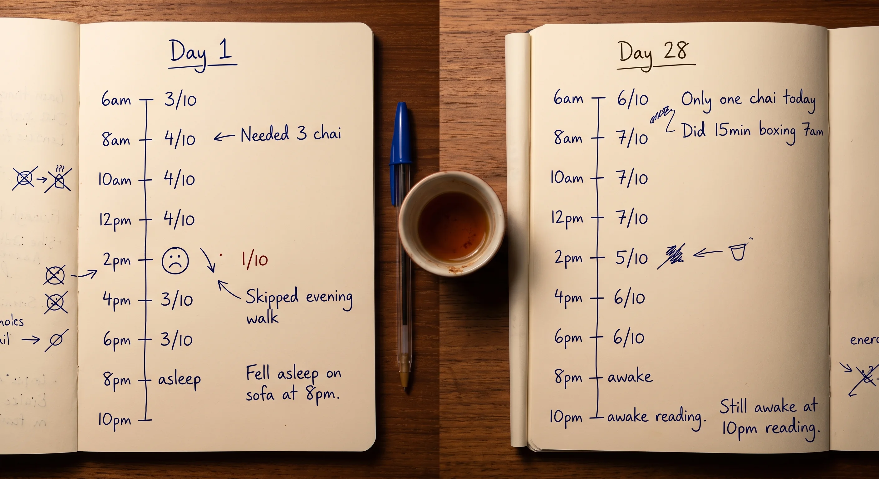 Handwritten energy journal — Day 1 showing 3/10 ratings and 3 chai vs Day 28 showing 7/10 ratings and one chai