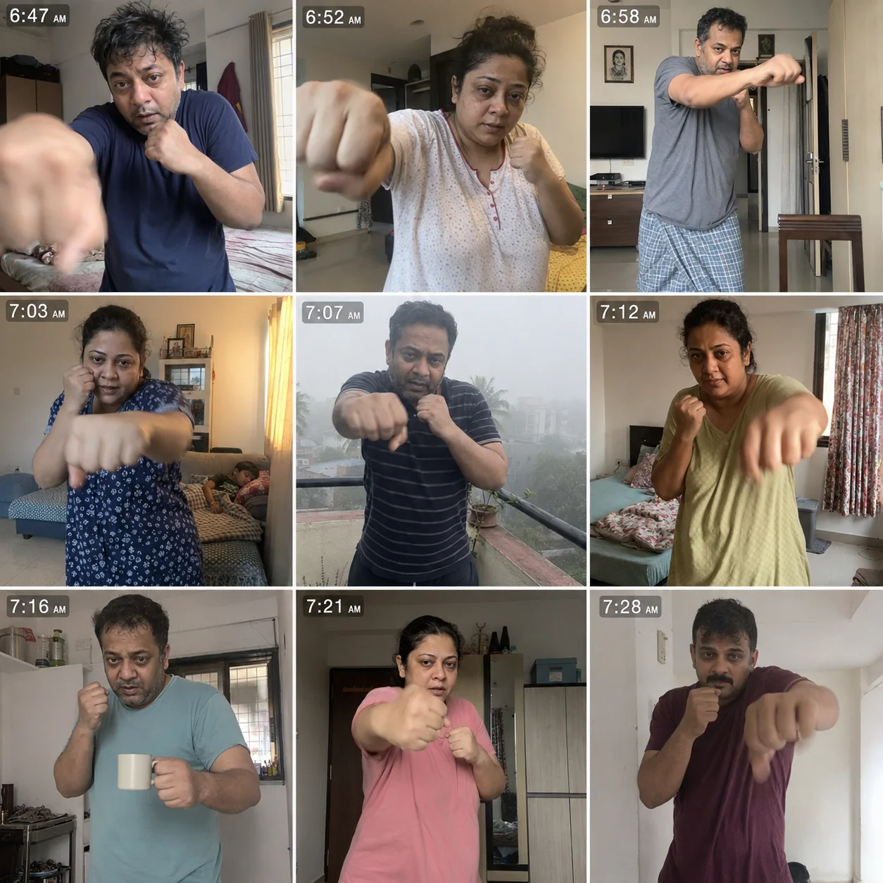 Grid of 9 community members doing morning shadow boxing — timestamps from 6:47am to 7:28am, real faces before the workday