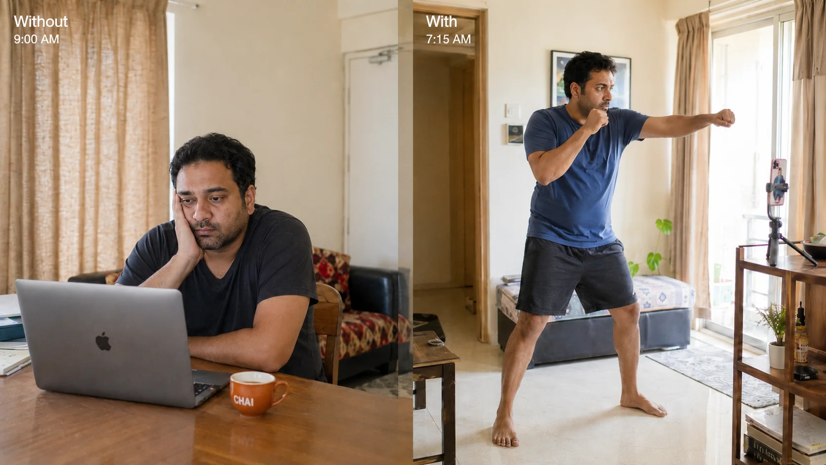 Split screen: same man slumped at desk at 9am vs throwing a cross in his living room at 7:15am