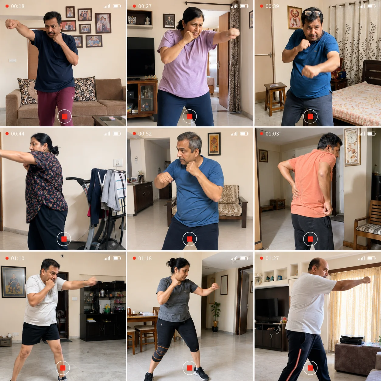 Grid of 9 members aged 40-50 filming shadow boxing attempts in living rooms across India — real stiffness, real effort