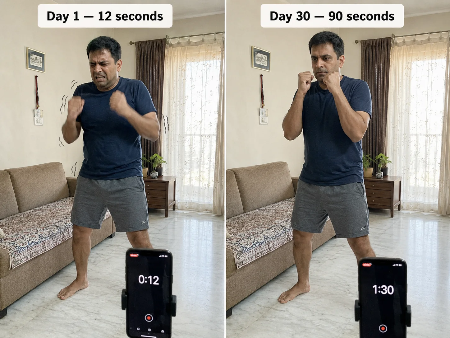 Side-by-side: Day 1 guard hold at 12 seconds with arms shaking vs Day 30 holding steady at 90 seconds