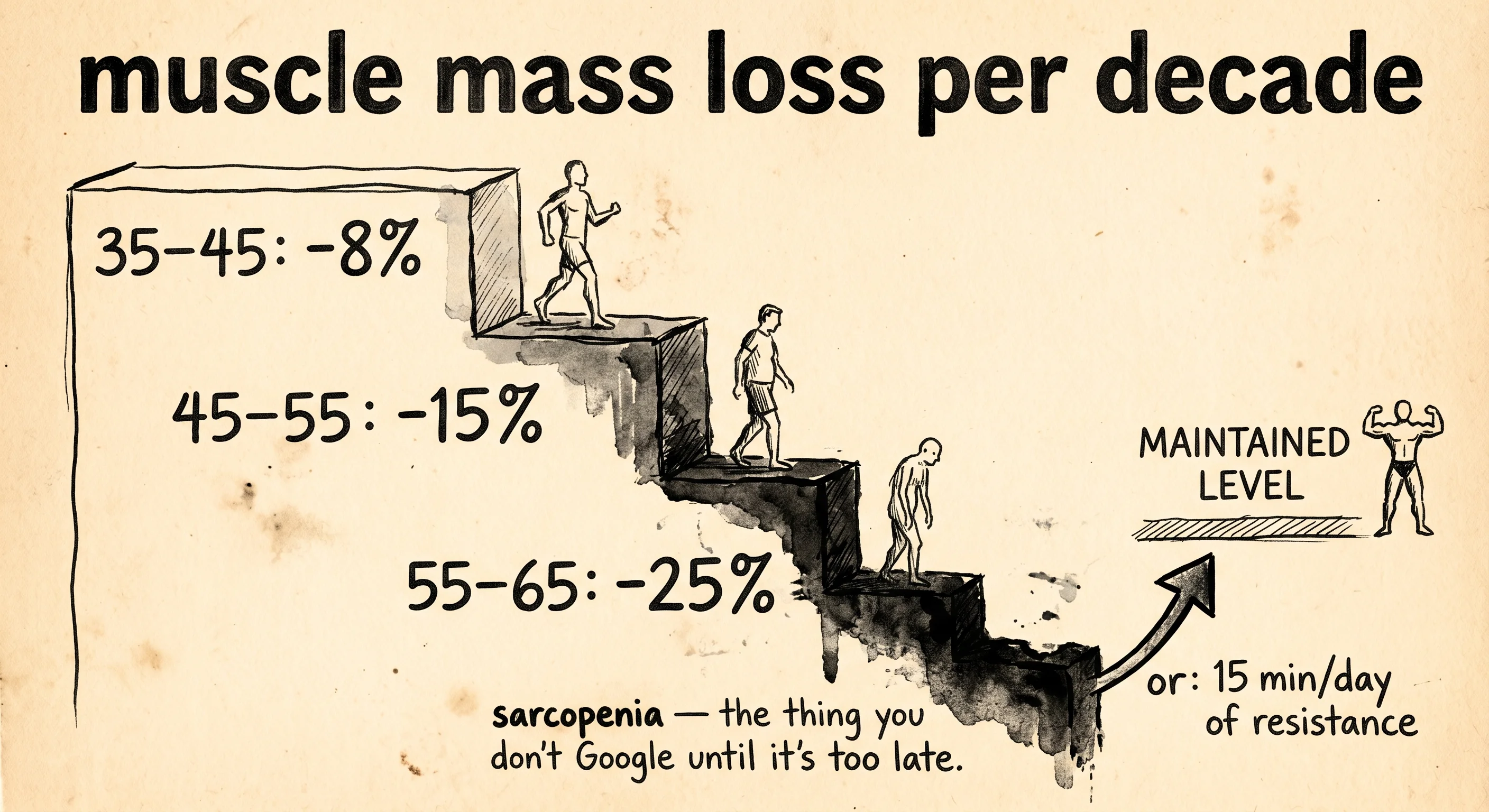 Muscle mass loss per decade: 35-45 -8%, 45-55 -15%, 55-65 -25% — or maintain with 15 min/day of resistance